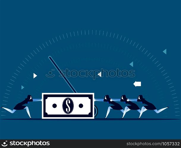 Businesswoman pushing a dollar sign in different directions. Concept business vector illustration.