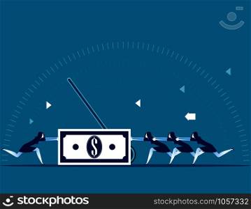Businesswoman pushing a dollar sign in different directions. Concept business vector illustration.