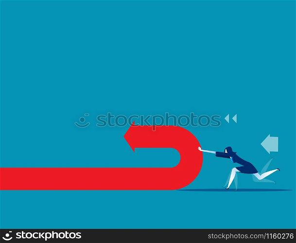Businesswoman pushing and changing arrow direction. Concept business vector illustration.