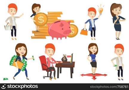 Businesswoman putting money bribe in pocket. Businesswoman hiding money bribe in pants pocket. Bribery and corruption concept. Set of vector flat design illustrations isolated on white background.. Vector set of business characters.
