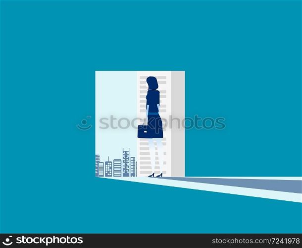 Businesswoman reading book showing cityscape. Concept business vector. Open, Education.