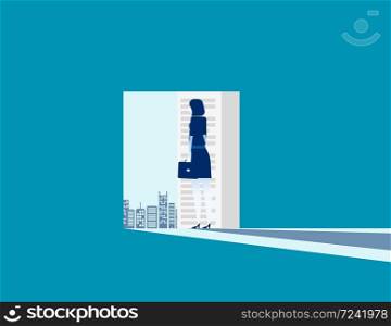 Businesswoman reading book showing cityscape. Concept business vector. Open, Education.