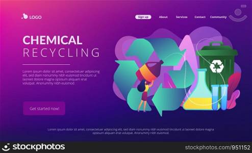 Businesswoman recycling plastic detergent bottle to produce chemicals. Chemical recycling, plastics recycling method, polymeric wastes reuse concept. Website vibrant violet landing web page template.. Chemical recycling concept landing page.