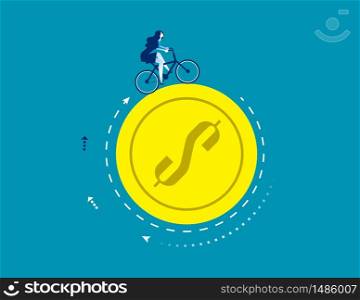 Businesswoman ride a bike on coin. Concept business vector illustration, Working, Currency, Money.