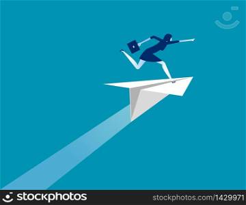 Businesswoman ride paper plane and pointing to target. Concept business vector illustration, Flat business cartoon, Character style design, Success
