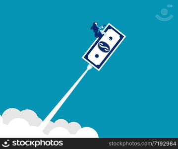 Businesswoman riding banknote as rocket. Money and Currency, Achievement, Competition.