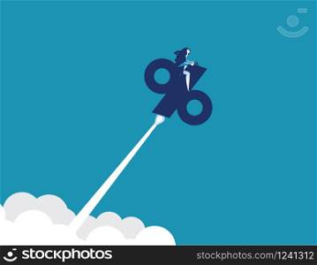 Businesswoman riding percent sign as rocket. Concept business interest rate vector illustration.