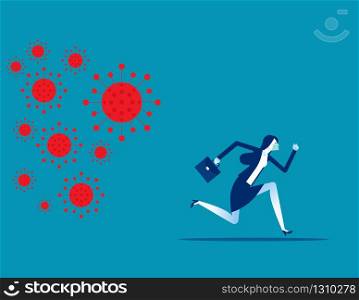 Businesswoman run away from COVID 19 virus. Implications for business