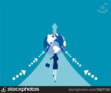 Businesswoman run into globe. Concept business vector illustration, Competition, Leader.