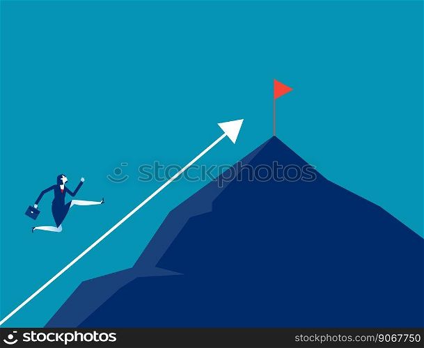 Businesswoman run to the top of the mountain following the direction of the arrow