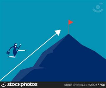 Businesswoman run to the top of the mountain following the direction of the arrow