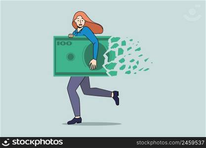 Businesswoman run with dollar bill collapsing. Money loss and decline in value. Girl with banknote struggle with financial crisis or bankruptcy. Inflation and deflation concept. Vector illustration. . Woman with dollar bill collapsing 
