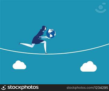 Businesswoman running and holding world. Concept business vector illustration.