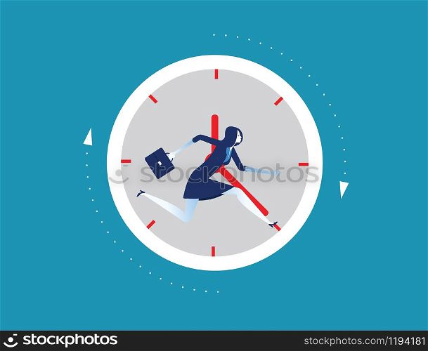 Businesswoman running away in clock. Concept business vector illustration. Flat design style.