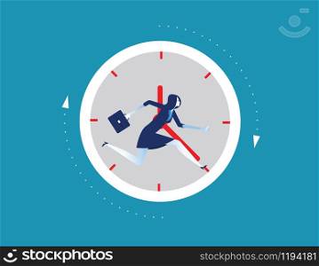 Businesswoman running away in clock. Concept business vector illustration. Flat design style.