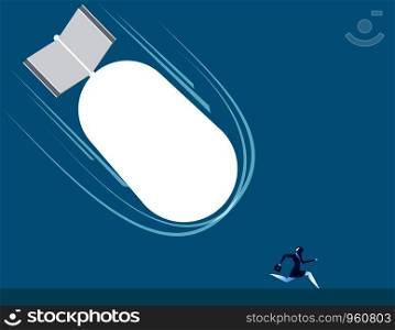 Businesswoman running from large bomb. Concept business illustration. Vector cartoon character.