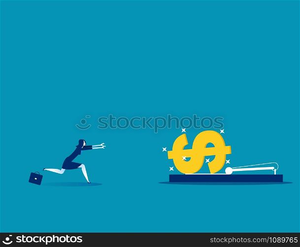 Businesswoman running into mousetrap. Concept business vector illustration.