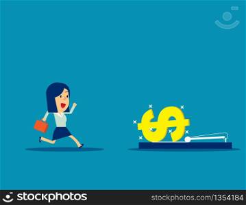 Businesswoman running into mousetrap. Concept business vector illustration, Money and Currency, Trap, Greedy.