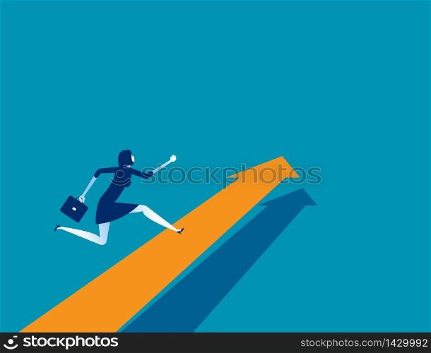 Businesswoman running on arrow. Concept business vector. Direction, Growth, Up.. Businesswoman running on arrow. Concept business vector. Direction, Growth, Up.