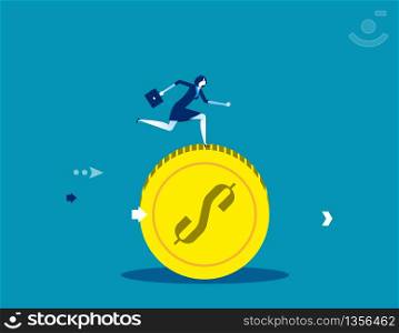 Businesswoman running on coins. Concept business vector illustration, Flat cartoon, character design style.