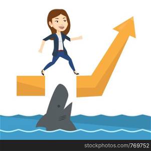 Businesswoman running on growth graph and jumping over gap. Businesswoman jumping over sea with shark. Business growth and risks concept. Vector flat design illustration isolated on white background.. Business woman jumping over ocean with shark.