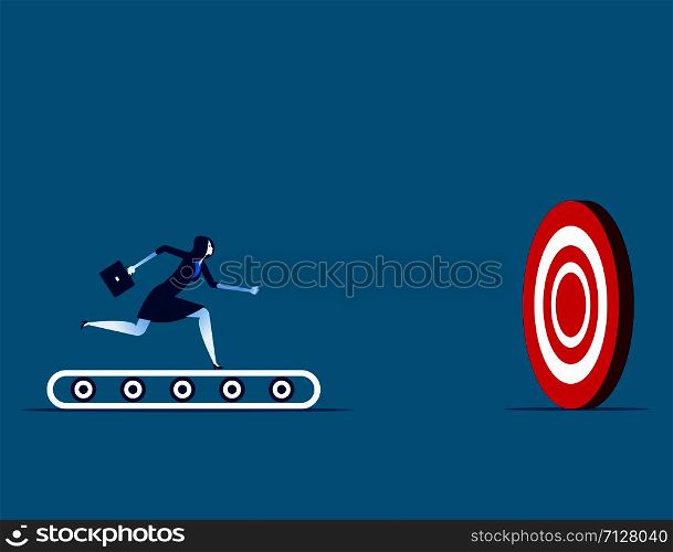 Businesswoman running on the treadmill and target. Concept business vector.