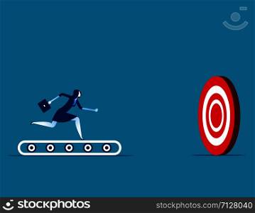 Businesswoman running on the treadmill and target. Concept business vector.