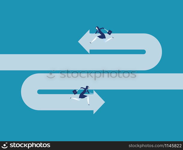 Businesswoman running opposite direction. Concept business vector illustration.