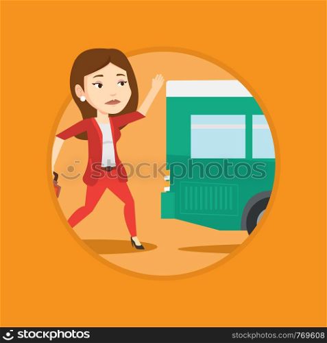 Businesswoman running to catch bus. Upset businesswoman running for an outgoing bus. Sad latecomer woman running to reach a bus. Vector flat design illustration in the circle isolated on background.. Latecomer woman running for the bus.