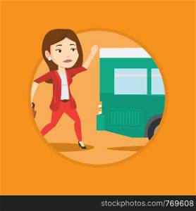 Businesswoman running to catch bus. Upset businesswoman running for an outgoing bus. Sad latecomer woman running to reach a bus. Vector flat design illustration in the circle isolated on background.. Latecomer woman running for the bus.