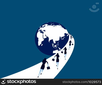 Businesswoman running to globe. Concept business vector illustration.