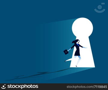 Businesswoman running to large keyhole. Concept business illustration