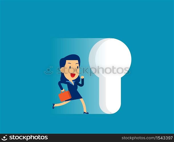 Businesswoman running to large keyhole. Concept cute business vector illustration, Leadership, Challenge.