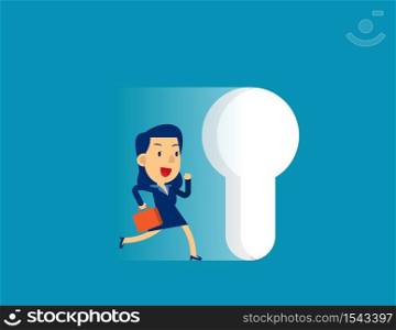 Businesswoman running to large keyhole. Concept cute business vector illustration, Leadership, Challenge.