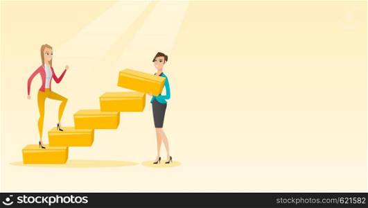 Businesswoman runs up the career ladder while another woman builds this ladder. Business woman climbing the career ladder. Business career concept. Vector flat design illustration. Horizontal layout.. Business woman runs up the career ladder.