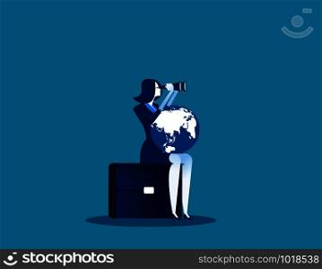 Businesswoman search for success. Concept business success vector illustration. Looking through binoculars, with the world on lap.