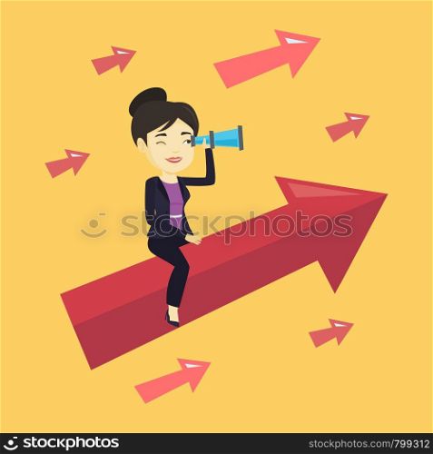 Businesswoman searching for opportunities. Asian businesswoman using spyglass for searching of business opportunities. Business opportunities concept. Vector flat design illustration. Square layout.. Business woman looking through spyglass.
