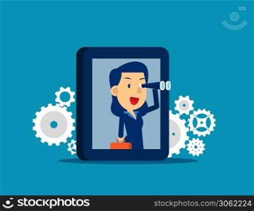 Businesswoman searching goal with smartphone. Concept cute business technology vector illustration, Flat Kid cartoon character style