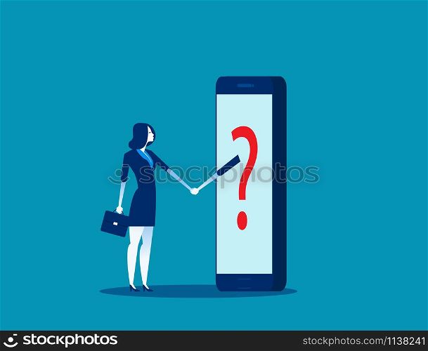 Businesswoman shaking and agreement with anonymous person inside of smartphone. Concept business technology vector illustration.