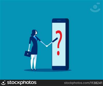 Businesswoman shaking and agreement with anonymous person inside of smartphone. Concept business technology vector illustration.