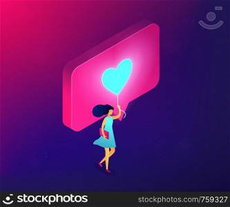 Businesswoman sharing content in social media with like. Personal brand, sharing content online, like for like and follow4follow concept. Ultraviolet neon vector isometric 3D illustration.. Sharing content online isometric 3D concept illustration.