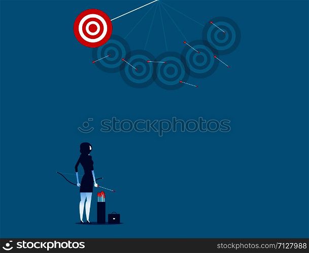 Businesswoman shooting arrows missing target. Concept business vector illustration.. Businesswoman shooting arrows missing target. Concept business vector illustration.