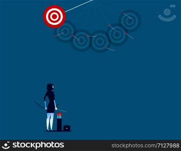 Businesswoman shooting arrows missing target. Concept business vector illustration.. Businesswoman shooting arrows missing target. Concept business vector illustration.