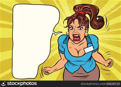 Businesswoman shouting, rage and anger. Comic book illustration pop art retro color vector. Businesswoman shouting, rage and anger