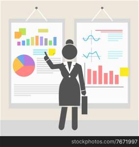 Businesswoman show presentation of finacial plan or strategy plan at hanging boards with graphics, diagrams, text blocks. Businessperson presenting progress in work. Woman present graphical analytics. Businesswoman showing presentation of finacial plan at hanging boards with graphics, diagrams, text