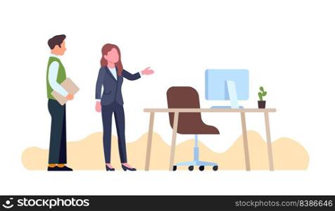 Businesswoman showing workplace to new employee. Office people communication. Workspace with desk and computer. Woman pointing to work furniture. Manager recruitment. Corporate job. Vector concept. Businesswoman showing workplace to new employee. Office people communication. Woman pointing to work furniture. Workspace with desk and computer. Manager recruitment. Vector concept
