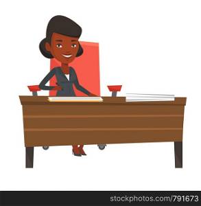 Businesswoman signing contract in office. Woman is about to sign a business contract. Confirmation of transaction by signing of contract. Vector flat design illustration isolated on white background.. Signing of business contract vector illustration.