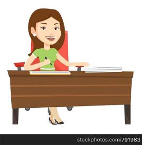 Businesswoman signing contract in office. Woman is about to sign a business contract. Confirmation of transaction by signing of contract. Vector flat design illustration isolated on white background.. Signing of business contract vector illustration.