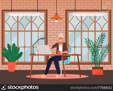 Businesswoman sits at table and works at computer at home. Old person with technology. Elderly woman with glasses surfing internet and drinking tea in office. Grandparent are restin and holding cup. Businesswoman sits at table and works at computer at home. Old person with technology in office