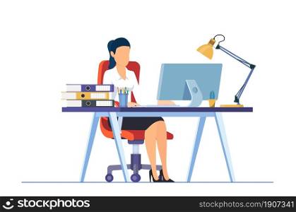 Businesswoman sitting at desk working on computer in office. Office worker working paperwork. Computer on table. Vector illustration in flat style. business woman working on computer